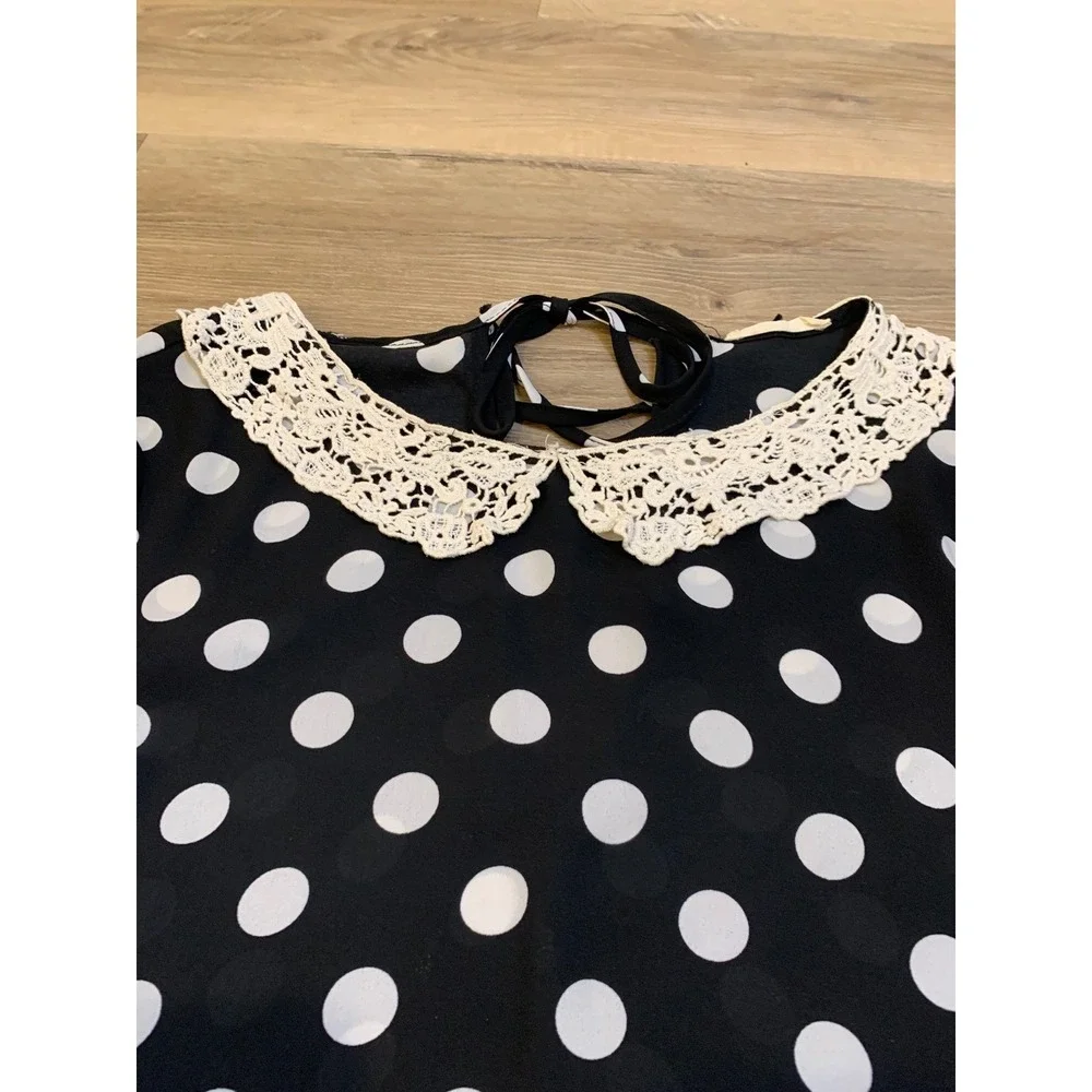 Polka Dot Peter Pan Lace‎ Collar Blouse M Chiffon Coquette Retro Peplum Womens